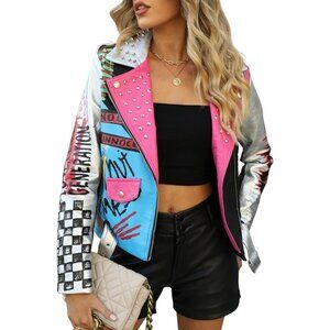 Women Faux Leather Casual Jacket Moto Biker Short Coat